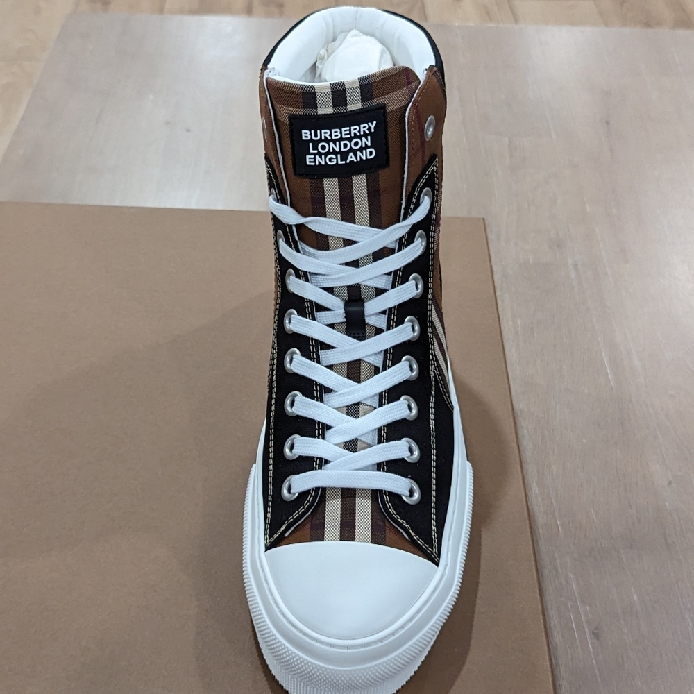 Mens Burberry Vintage Check Neoprene/Cotton High-Top Sneakers Black - Picture 2 of 8